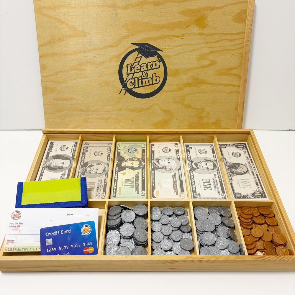 Learn & Climb Wooden Play Money Educational Set with Credit Card, Wallet, Checks